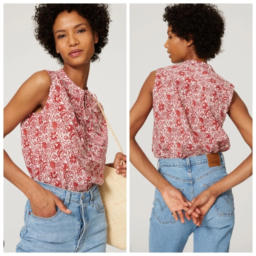 Derek Lam Floral Sleeveless Top Women's Large Red White Floral Blouse Shirt HANG
